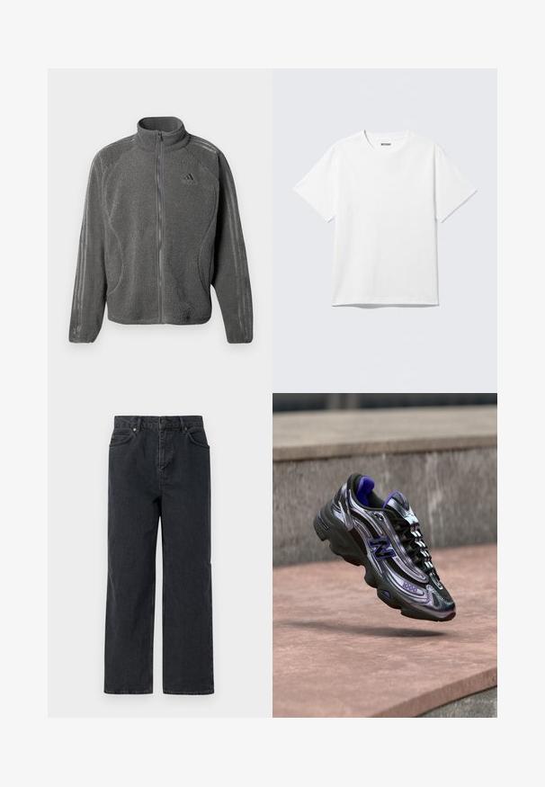 Graue Fleece-Zip-Jacke mit hohem Kragen, seitlichen Taschen und dezentem Adidas-Logo sowie drei Streifen an den Ärmeln.; Weißes T-Shirt mit kurzen Ärmeln und Rundhalsausschnitt, flach liegend, schlichtes Design, mit „WEEKDAY“-Etikett innen im Kragen auf hellem Hintergrund.; Dunkelblaue Denim-Hosen mit weitem Bein, Fünf-Taschen-Design und Knopfverschluss. Enthält Hardware in kupferfarbener Ausführung und eine subtile Textur.; Schwarzer und lila New Balance 1000 Sneaker in der Luft über einer Betonfläche mit unscharfem Steinmauer-Hintergrund.
