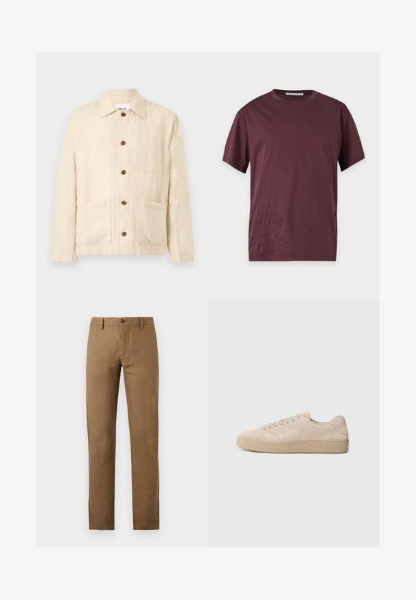 Veste beige en lin à manches longues avec col, cinq boutons marron sur le devant et deux poches plaquées à l'avant.; T-shirt manches courtes à col rond de couleur bordeaux foncé uni, présenté à plat sur un fond clair.; Pantalon marron à jambes droites avec passants de ceinture et fermeture boutonnée et zippée à l'avant sur fond uni.; Baskets en daim beige avec un bout rond, des lacets plats et une semelle en caoutchouc texturé. Design minimaliste avec des bords lisses et des coutures discrètes.