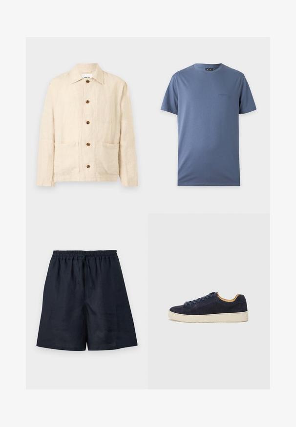 Veste beige en lin à manches longues avec col, cinq boutons marron sur le devant et deux poches plaquées à l'avant.; T-shirt bleu uni à manches courtes avec col rond et petit logo brodé discret sur la poitrine gauche.; Shorts bleu marine décontractés avec taille élastique et cordon, tissu léger, longueur genou et coupe droite.; Baskets basses en suede bleu marine avec bout arrondi, semelle en caoutchouc blanc cassé et lacets assortis ; dotées d'une doublure intérieure contrastante couleur tan.