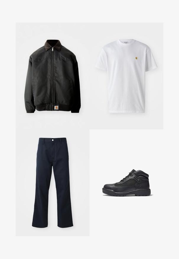 Veste aviateur noire avec fermeture éclair, col en velours côtelé brun, poignets et ourlet élastiques, avec un patch logo carré sur le devant en bas.; T-shirt en coton blanc à manches courtes, col rond, avec un petit logo doré sur la poitrine gauche. Texture douce et coupe régulière.; Pantalon en coton bleu marine avec une coupe droite, doté d'une fermeture éclair, d'un bouton, et de poches avant. Texture lisse et finition soignée.; Bottines de randonnée noires en cuir et mesh, avec un col rembourré, un laçage à l'avant, une semelle en caoutchouc avec traction et un logo embossé.
