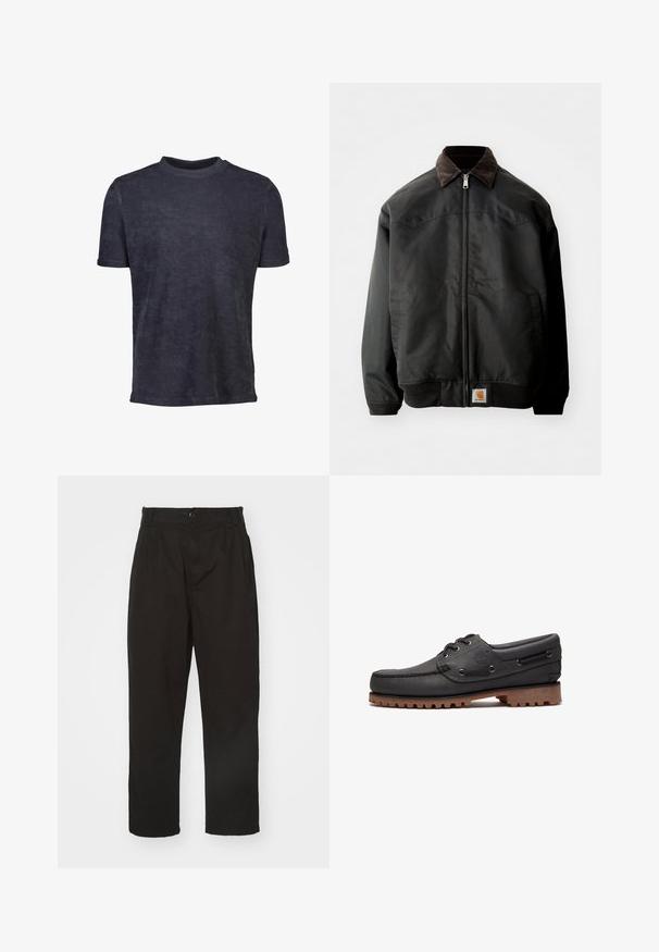 Chaqueta bomber negra con cierre de cremallera, cuello de pana marrón, puños y dobladillo elásticos, que presenta un parche de logo cuadrado en la parte frontal inferior.; Camiseta de manga corta azul oscuro hecha de una tela suave. Presenta un cuello redondo y una textura lisa, con un diseño minimalista.; Pantalones negros de tela suave, con cierre de botón, corte recto y dos pliegues frontales que añaden detalle.; Zapato náutico de cuero negro con detalles de cordones, puntera redonda, suela de goma marrón texturizada y lados de cuero cosidos.
