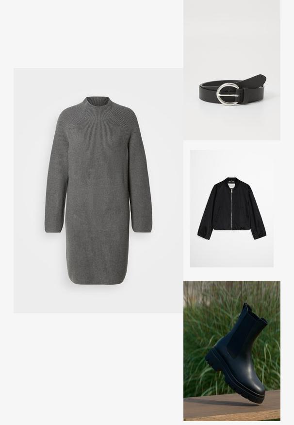 Blouson bomber noir avec fermeture éclair frontale, col côtelé, poignets élastiques et deux poches latérales, présenté sur un fond uni.; Robe en tricot grise avec un col haut et des manches longues, présentant une texture côtelée et une coupe droite légèrement ample. Pas de motifs ni d'accents visibles.; Bottes chevilles en cuir noir au design épuré, bout arrondi, panneaux latéraux élastiques et semelles en caoutchouc épaisses et texturées.; Ceinture en cuir noir avec une boucle en argent rond, texture lisse et design épuré. La sangle est ajustable avec une extrémité pointue.