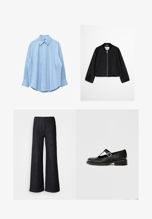 Blouson bomber noir avec fermeture éclair frontale, col côtelé, poignets élastiques et deux poches latérales, présenté sur un fond uni.; Chemise bleu clair à manches longues avec col pointu et poche poitrine gauche, présentée à plat sur un fond blanc.; Pantalon en denim noir à jambes larges avec une finition texturée, doté de passants pour ceinture et d'un ourlet net. Design classique, adapté à diverses occasions.; Chaussure Mary Jane en cuir noir avec un bout rond, un design à bride en T, une boucle réglable et un petit talon empilé. Texture lisse avec peu de détails.