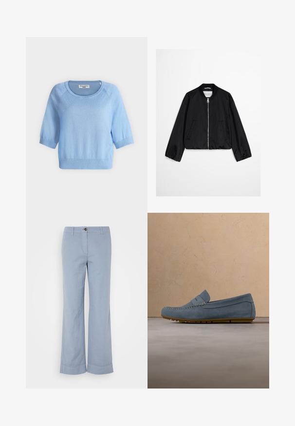 Blouson bomber noir avec fermeture éclair frontale, col côtelé, poignets élastiques et deux poches latérales, présenté sur un fond uni.; Pull bleu clair à manches courtes avec encolure ronde et poignets et ourlet côtelés, étiqueté Marc O'Polo Denim.; Pantalons en lin bleu clair avec une coupe droite, fermeture à bouton et ourlet retroussé. Texture lisse, conçus pour un port décontracté.; Mocassin en daim bleu avec détails cousus, présenté près d'une table basse en bois et d'un tapis beige dans un salon moderne.