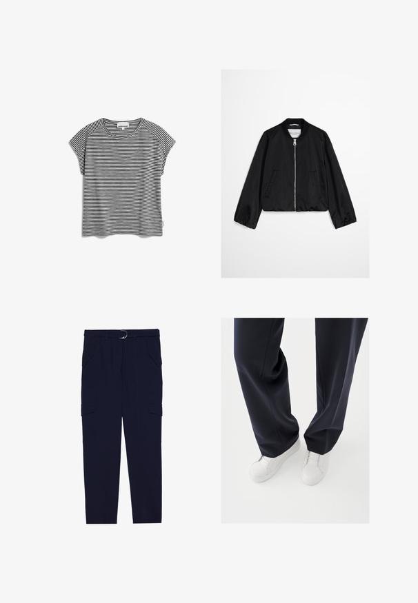 Schwarze Bomberjacke mit Frontreißverschluss, geripptem Kragen, elastischen Bündchen und zwei seitlichen Taschen, auf neutralem Hintergrund präsentiert.; Gestreiftes Kurzarm-T-Shirt in Schwarz und Weiß mit Rundhalsausschnitt, leichtem Stoff und geradem Schnitt, mit Raglanärmeln.; Marinefarbene Cargo-Hose mit einem Gürtel mit silbernem Ring, vier Taschen und tapered Beinform, aus weichem, strukturiertem Stoff.; Weiße Sneakers mit strukturierten Gummisohlen und flachen Schnürsenkeln, kombiniert mit dunkeln, marineblauen Hosen aus lockerem, glattem Stoff und maßgeschneiderter Passform.