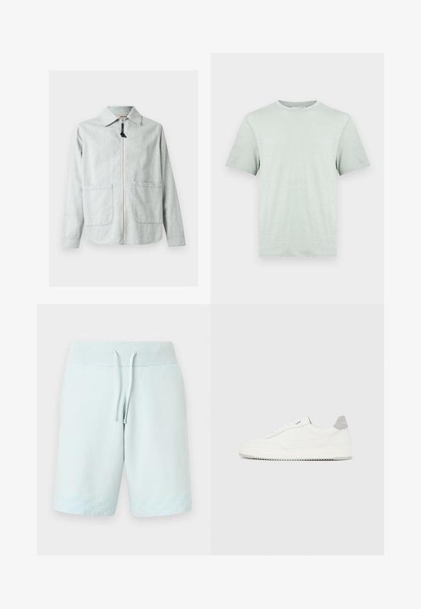 Veste zippée gris clair avec deux poches avant, manches longues et col pointu.; T-shirt gris clair à manches courtes avec col rond, tissu subtilement texturé et ourlet droit.; Shorts en tricot bleu clair avec taille côtelée, cordon réglable et motif damier subtil près de l'ourlet.; Baskets basses blanches avec un onglet de talon gris, des lacets blancs et une semelle texturée, présentées sur un fond uni clair.