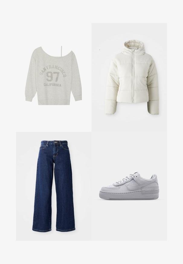 Hvid cropped pufferjakke med hætte, frontlynlås, syede paneler og et lille logo på brystet. Glat, polstret tekstur.; Even&Odd Sweatshirt - mottled light grey; Mørkeblå vide jeans lavet af denim, med knap- og lynlåslukning, bæltesløjfer og klassisk fem-lomme design.; Grå Nike Air Force 1 sneakers med perforeret tå, glat læderoverdel, tyk sål og præget 'AIR' detalje på hælen.