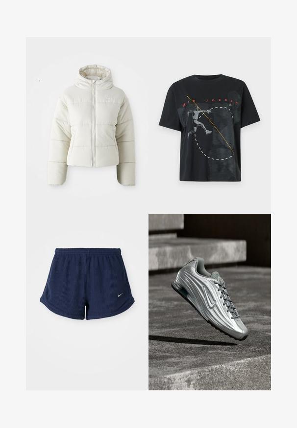 Witte cropped pufferjack met een capuchon, rits aan de voorkant, gestikte panelen en een klein logo op de borst. Gladde, gewatteerde textuur.; Zwart Air Jordan t-shirt met een graphic van een basketbalspeler in de lucht en rode "AIR JORDAN" tekst erboven.; Marineblauwe, geribbelde sportshorts met een elastische tailleband, voorzien van een klein wit Nike-logo aan de onderzijde. Zachte stof.; Zilveren Nike-sneaker met gestructureerd zijontwerp en grijze veters zwevend boven betonnen traptreden in een gedempte buitenomgeving.