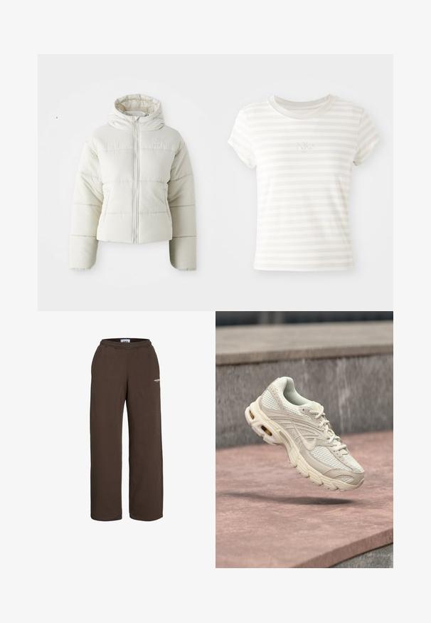 Hvid cropped pufferjakke med hætte, frontlynlås, syede paneler og et lille logo på brystet. Glat, polstret tekstur.; Hvidstribet kortærmet t-shirt lavet af blød bomuld. Har en rund halsudskæring og et lille broderet Nike-logo på brystet.; Brune vidde-buksede joggingbukser med elastisk talje og lille hvid tekstlogo på den øverste lår mod en hvid baggrund.; Lysebeige atletiksko med mesh-overdel, rundet tå og struktureret mellemsål. Har polstret krave og snørebånd med et diskret logo.