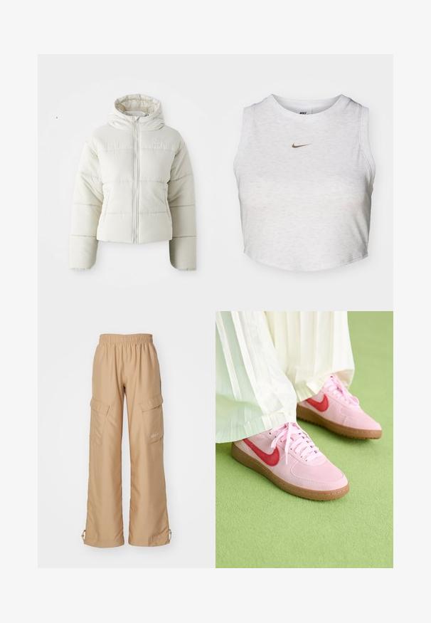 Witte cropped pufferjack met een capuchon, rits aan de voorkant, gestikte panelen en een klein logo op de borst. Gladde, gewatteerde textuur.; Witte crop top van zacht, textuurachtig stof. Heeft een ronde hals en een mouwloos ontwerp met een klein gouden Nike-logo aan de voorkant.; Nike Sportswear TREND - Cargobroek - hemp; Roze suède sportschoenen met een rood logo en bijpassende veters. De zool is van lichtbruin rubber. Draag ze met witte geplooide broeken op een groene ondergrond.