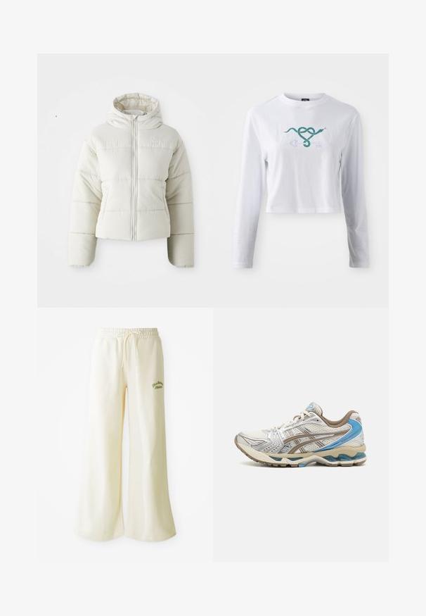 Chaqueta acolchada blanca cortada con capucha, cierre frontal de cremallera, paneles cosidos y un pequeño logo en el pecho. Textura suave y acolchada.; Camiseta recortada de algodón de manga larga blanca, con un gráfico de una serpiente verde entrelazada con un diseño de llave en la parte frontal.; Pantalones de chándal anchos color crema con cintura elástica y cordón ajustable. Texto bordado en verde "Athletic" en la parte frontal. Tejido suave.; Zapatilla de running blanca y beige con detalles azules, parte superior de malla, suela acolchada y diseño con cordones, mostrada desde el lado exterior.