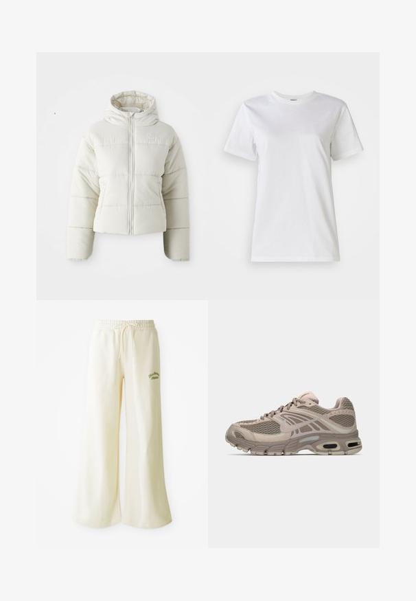 Chaqueta acolchada blanca cortada con capucha, cierre frontal de cremallera, paneles cosidos y un pequeño logo en el pecho. Textura suave y acolchada.; Camiseta blanca de algodón con cuello redondo y mangas cortas. La tela es suave con una textura agradable y sin patrones ni acentos visibles.; Pantalones de chándal anchos color crema con cintura elástica y cordón ajustable. Texto bordado en verde "Athletic" en la parte frontal. Tejido suave.; Zapatilla deportiva beige con parte superior de malla, acentos moldeados, punta redondeada y amortiguación de aire visible en la suela. Cintas en tono neutro.