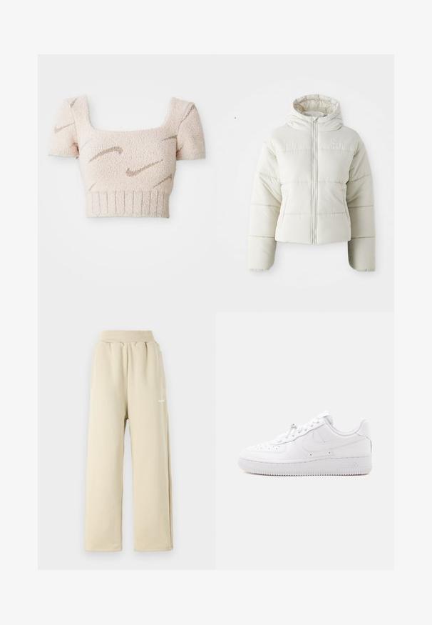 Witte cropped pufferjack met een capuchon, rits aan de voorkant, gestikte panelen en een klein logo op de borst. Gladde, gewatteerde textuur.; Korte mouwen, cropped top in zachte, gestructureerde stof. Lichtroze kleur met bruine, golfachtige patronen. Vierkante halslijn en ribbelzoom.; Beige wijde sweatpants van zachte stof, met een elastische tailleband, zijzakken en een klein geborduurd logo-detail.; Low-top witte sneaker met geperforeerde neus, vetersluiting, textuurschoen en een subtiel Swoosh-logo aan de zijkant.