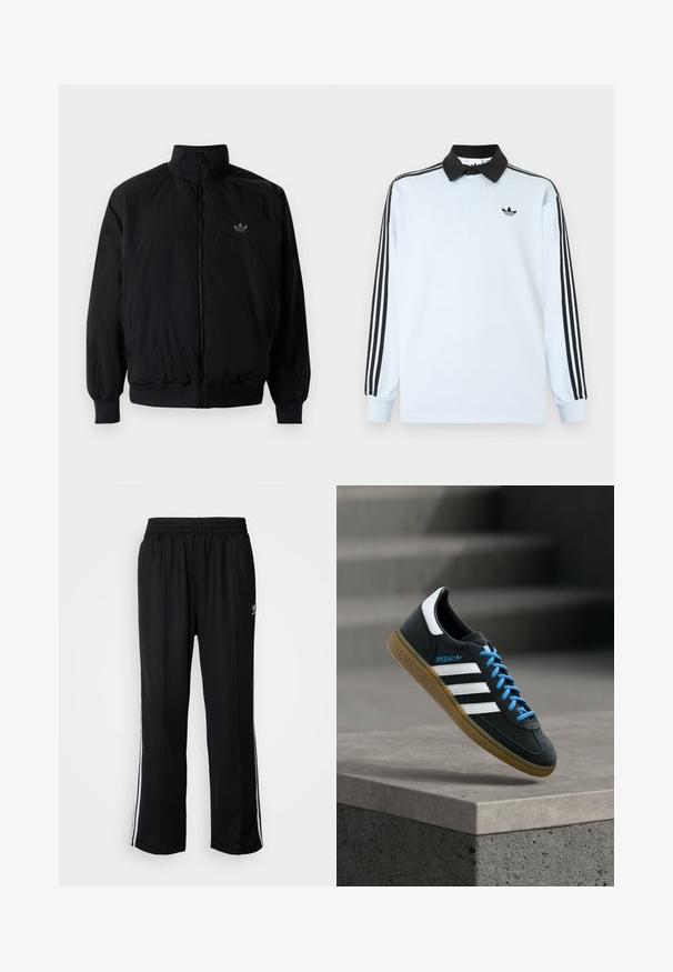 Schwarze Jacke mit Reißverschluss und hohem Kragen, aus leichtem Material gefertigt. Verfügt über elastische Bündchen und einen elastischen Saum, mit einem kleinen Logo oben links.; Hellblaues langärmeliges Polohemd mit schwarzem Kragen, drei schwarzen Streifen an den Ärmeln und einem kleinen schwarzen Logo auf der Brust.; Schwarze Sporthosen mit elastischem Bund, ausgestattet mit weißen Seitenstreifen und einem kleinen Logo. Das Material wirkt weich und leicht.; Schwarzer Adidas-Sneaker mit weißen Streifen, blauen Schnürsenkeln und Gummisohle, der über einer grauen Betontreppe im weichen Licht schwebt.
