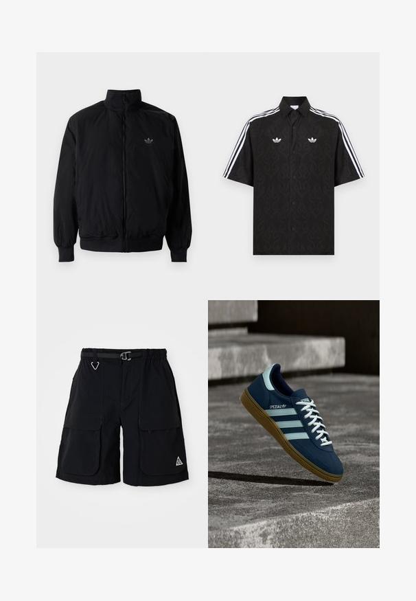 Schwarze Jacke mit Reißverschluss und hohem Kragen, aus leichtem Material gefertigt. Verfügt über elastische Bündchen und einen elastischen Saum, mit einem kleinen Logo oben links.; Schwarzes kurzärmeliges Hemd mit Knopfleiste, dezentem Flammenmuster, weißen Adidas-Trefoil-Logos auf der Brust und weißen drei Streifen an den Ärmeln.; Schwarze Cargo-Shorts mit elastischem Bund, integriertem Gürtel, großen Seitentaschen und dreieckigem ACG-Logo am rechten Bein.; Blauer Adidas Spezial Sneaker mit weißen Streifen und Schnürsenkeln, Gummisohle, schwebend über rauer Betonoberfläche und Treppen im Hintergrund.