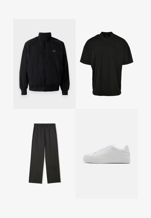 Sort lynlåsjakke med høj krave, fremstillet af letvægtsmateriale. Har elastiske manchetter og talje, med et lille logo på øverste venstre side.; Sort kortærmet T-shirt med rund halsudskæring, lavet af blødt stof, med en afslappet pasform og uden synlige mønstre eller accenter.; Sorte bukser med elastisk talje, snørebånd og sidelommer, med en afslappet pasform og lige ben.; Hvide lædersneakers med en chunky platformsål, rund tå og seks snørehuller. Glat tekstur med subtile syninger.
