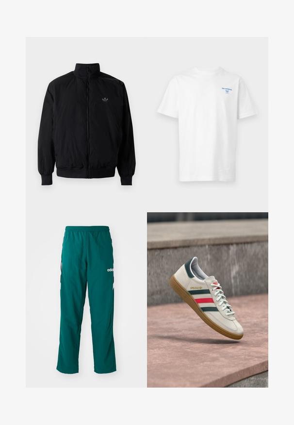 Schwarze Jacke mit Reißverschluss und hohem Kragen, aus leichtem Material gefertigt. Verfügt über elastische Bündchen und einen elastischen Saum, mit einem kleinen Logo oben links.; Weißes T-Shirt mit kurzen Ärmeln und Rundhalsausschnitt, mit kleinem blauen "SOL COFFEE CO."-Text und Logo auf der oberen linken Brust.; Grüne Sporthose aus leichtem Material, mit elastischem Bund, seitlichen Taschen und weißem Adidas-Logo auf der linken Seite.; Weißer Adidas Sneaker mit grünen und roten Streifen, Gummisohle und "SPEZIAL"-Branding, der über einem Steinpflaster schwebt.
