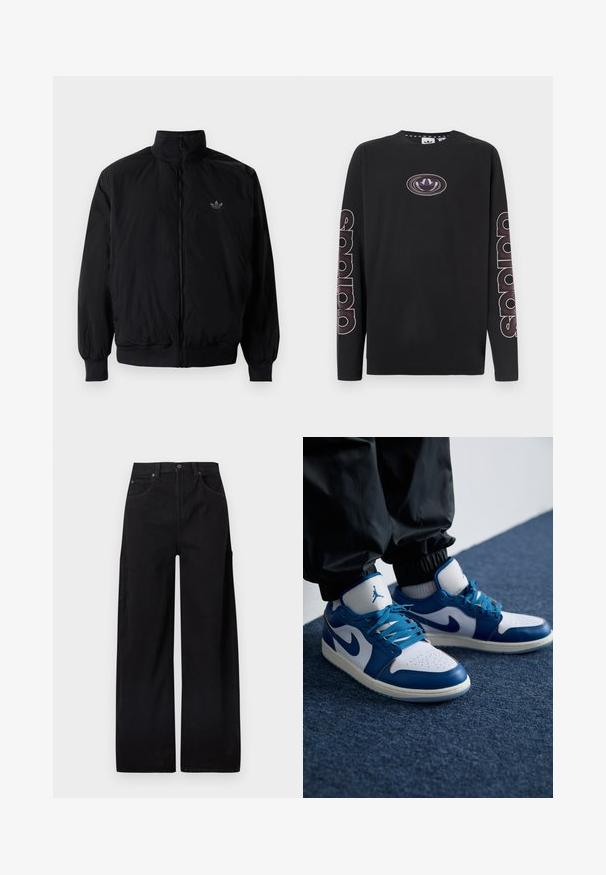 Chaqueta negra con cremallera y cuello alto, hecha de material ligero. Cuenta con puños y cinturilla elásticos, y un pequeño logo en la parte superior izquierda.; Camiseta negra de manga larga de algodón con un logo central y grandes gráficos de texto a lo largo de las mangas en colores contrastantes.; Pantalones anchos de pierna negra hechos de mezclilla de algodón, con cintura alta, dos bolsillos delanteros y un bolsillo lateral tipo cargo para mayor funcionalidad.; Las zapatillas Nike Air Jordan cuentan con una base de cuero blanco con acentos sintéticos azules, una caja de dedos perforada y cordones azules.