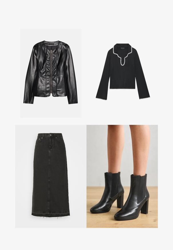 Schwarze Lederjacke mit einem Reißverschluss vorne, figurbetontem Schnitt, glatter Textur und kontrastierendem Stoff an den Seiten für zusätzlichen Detail.; Schwarzes Langarmoberteil mit einer gewellten weißen Borte entlang des Ausschnitts und der Manschetten, aus strukturiertem Stoff mit einem cropped Design.; Schwarzer Denim-Midirock mit tailliertem Bund, vorderem Knopfverschluss und ausgefranstem Saum. Verfügt über ein klassisches Fünf-Taschen-Design und eine leichte Textur.; Schwarze Lederstiefeletten mit einem Blockabsatz, ausgestattet mit elastischen Seitenpaneelen, glatter Textur und schlanker Silhouette.