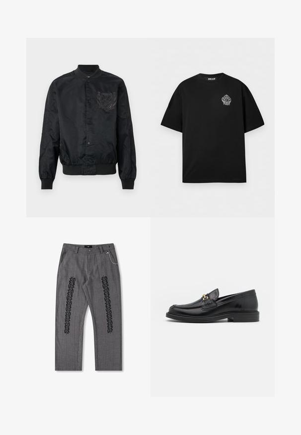Sort satin bomberjakke med trykknapper, ribbet krave, manchetter og kant, med broderet våbenskjold på venstre bryst.; Sort T-shirt med korte ærmer og rund halsudskæring med et lille, udsmykket gråt emblem på venstre bryst og "Just Cavalli"-label inde i kraven.; Grå rutet bukser med sort tekstdetalje langs siderne, prydet med en kædeaccent i taljen. Bukserne har lige ben og er lavet af struktureret stof.; Sorte læder loafers med en rund tå, der har guld hardware accent og syningsdetaljer, placeret på en lav, tekstureret gummisål.