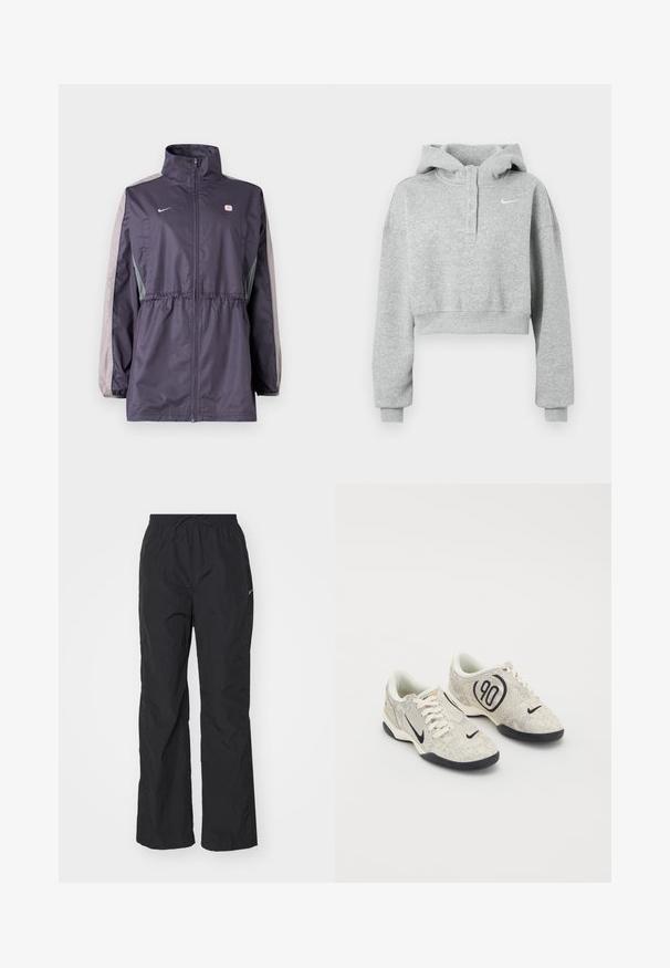 Chaqueta cortavientos púrpura con detalles grises, cuello alto, cintura elástica y mangas largas. Cuenta con un pequeño logotipo en el pecho.; Sudadera corta gris hecha de tela suave, con cuello abotonado, mangas largas y un pequeño logo de Nike en el pecho.; Pantalones negros ligeros con cintura elástica y cordón. Presentan un acabado texturizado y un pequeño logo reflectante en el costado.; Zapatillas Nike con un upper texturizado en beige y gris, acentos negros, un gran logo de "90" y un cierre de cordones blancos. Suela negra.
