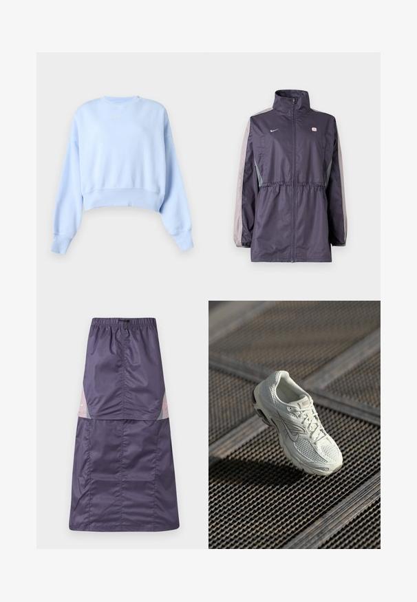 Lilla vindjakke med grå accenter, høj krave, elastisk talje og lange ærmer. Har et lille logo på brystet.; Lyseblå cropped sweatshirt med lange ærmer, ribstrikkede manchetter og kant samt lille hvid Nike-logo på brystet mod en ensfarvet baggrund.; Lilla nylon nederdel med elastisk talje, der har farveblokpaneler i pink og grøn samt en lille hvid logo på den øverste del.; Hvide Nike løbesko med overdel i mesh og syntetisk materiale, som hviler på metalristgulv i blødt naturligt lys.