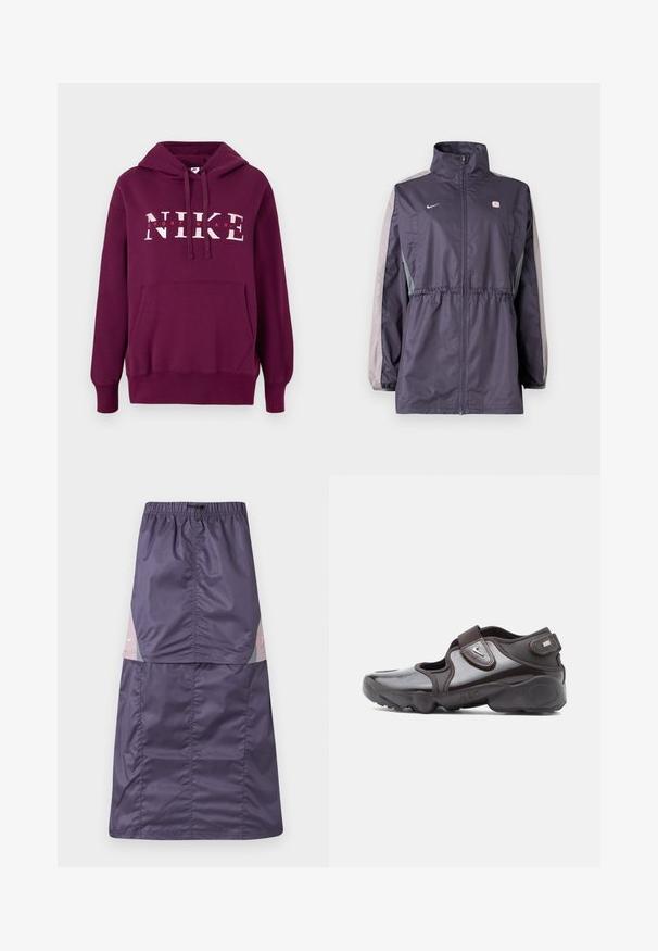 Lilla vindjakke med grå accenter, høj krave, elastisk talje og lange ærmer. Har et lille logo på brystet.; Lilla Nike hoodie med en frontlomme, snoretræk i hætten og stor hvid tekst "NIKE SPORTWEAR." Blødt stof og ribbede manchetter.; Lilla nylon nederdel med elastisk talje, der har farveblokpaneler i pink og grøn samt en lille hvid logo på den øverste del.; Mørkebrune sportssko med en blank finish, velcrolukning, rundet tå og en tekstureret sål med polstrede designelementer.
