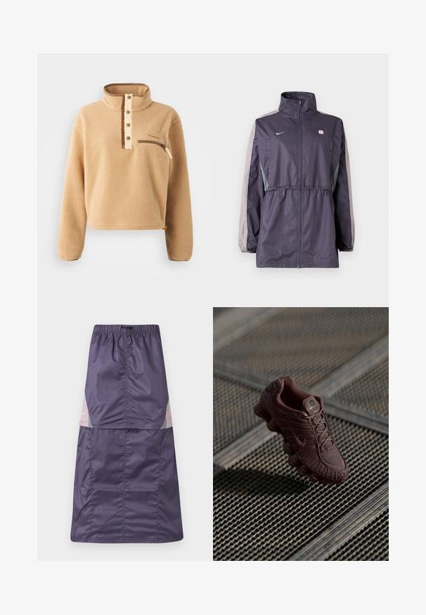 Chaqueta cortavientos púrpura con detalles grises, cuello alto, cintura elástica y mangas largas. Cuenta con un pequeño logotipo en el pecho.; Pulóver de forro polar beige con un alto cuello, tapeta de medio botón y un bolsillo con cremallera en el pecho izquierdo. Tejido texturizado con acentos marrones.; Falda de nylon morada con cintura elástica, que presenta paneles en bloque de color en rosa y verde, y un pequeño logo blanco en la parte superior.; Zapatilla Nike marrón con una parte superior de malla texturizada, suela curva distintiva y cuello acolchado, mostrada contra un fondo patternado.