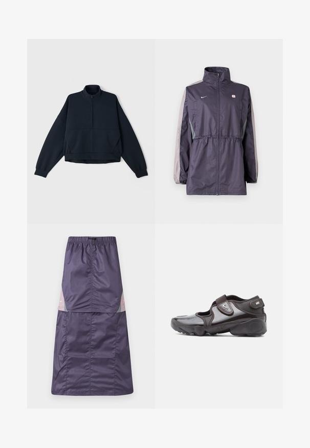 Lila Windjacke mit grauen Akzenten, hohem Kragen, elastischem Bund und langen Ärmeln. Verfügt über ein kleines Logo auf der Brust.; Navy Pullover-Sweatshirt mit hohem Kragen, halbem Reißverschluss vorne und überschnittenen Schultern. Weicher, strukturierter Stoff mit elastischen Bündchen und Saum.; Lila Nylonsrock mit elastischem Bund, bestehend aus farblich abgesetzten Paneelen in Pink und Grün, mit einem kleinen weißen Logo im oberen Bereich.; Dunkelbrauner Sportschuh mit glänzender Oberfläche, Klettverschluss, abgerundeter Spitze und profilierter Sohle mit Dämpfungselementen.