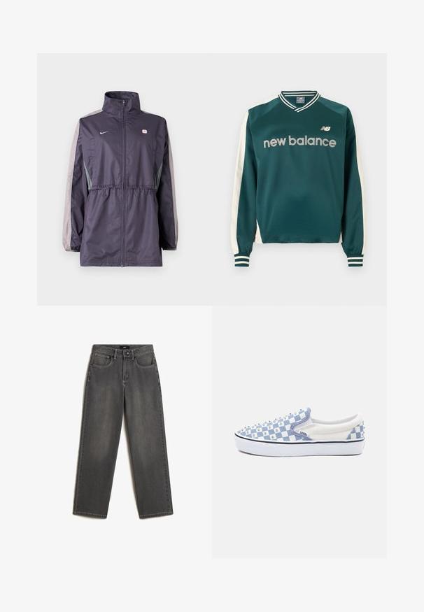 Lilla vindjakke med grå accenter, høj krave, elastisk talje og lange ærmer. Har et lille logo på brystet.; Mørkegrøn New Balance sportsbluse med lange ærmer, hvide striber på ærmerne samt ribstrikket krave og manchetter med striber.; Grå vidde jeans lavet af denim. Har fem lommer, en frontknap og lynlås lukning, samt subtil fading på stoffet.; Lav profil slip-on sneaker med blå og hvide tern og små metalnitter på overdelen og hælen, hvid sål med sort kant.