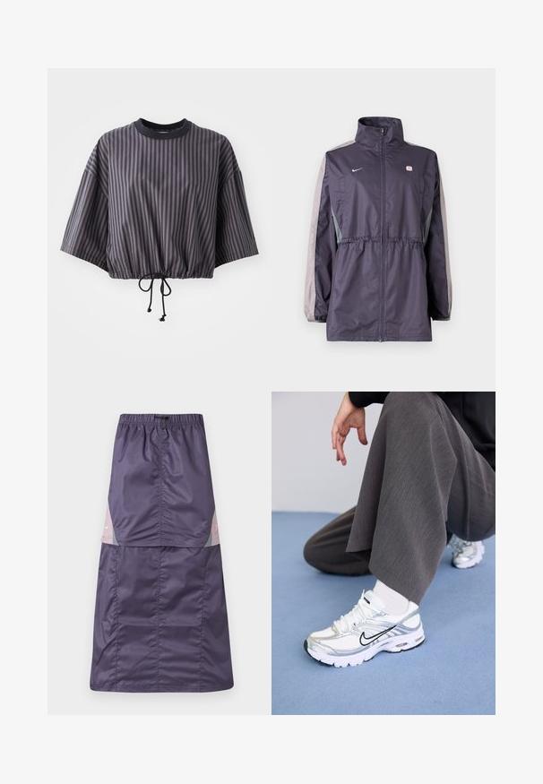 Paars windjack met grijze accenten, hoge kraag, elastische tailleband en lange mouwen. Voorzien van een klein logo op de borst.; Ingekorte, kortemouwen top in donkergrijs met verticale strepen. Heeft een trekkoord onderaan en een ronde halslijn met een contrasterende zwarte afwerking.; Paarse nylon rok met een elastische tailleband, voorzien van kleurvlakpanelen in roze en groen, en een klein wit logo op het bovenste gedeelte.; Witte en zilveren sport schoenen van mesh en synthetische materialen, met zwarte accentlijnen, veters en gestructureerde zolen.