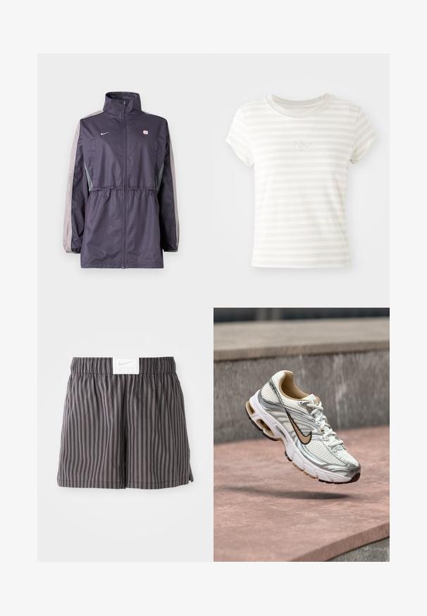 Paars windjack met grijze accenten, hoge kraag, elastische tailleband en lange mouwen. Voorzien van een klein logo op de borst.; Witte gestreepte t-shirt met korte mouwen, gemaakt van zachte katoen. Heeft een ronde hals en een klein geborduurd Nike-logo op de borst.; Grijs gestreepte shorts gemaakt van lichtgewicht stof, met een elastische tailleband en een witte Nike logo-label aan de voorkant.; Witte en zilveren Nike hardloopschoen met een beige swoosh-logo, getoond zwevend boven een stenen oppervlak met een onscherpe grijze muur op de achtergrond.