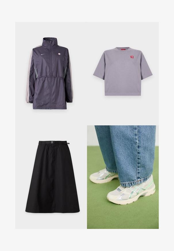 Chaqueta cortavientos púrpura con detalles grises, cuello alto, cintura elástica y mangas largas. Cuenta con un pequeño logotipo en el pecho.; Camiseta de manga corta, ajuste holgado, de color gris claro, con cuello redondo y un pequeño parche de logo rectangular rojo en el lado superior izquierdo del pecho.; Falda negra en línea A con cinturón y hebilla incorporados, con una pequeña etiqueta de logo en el lado derecho de la cintura.; Zapatillas de malla blancas y plateadas con detalles en verde, combinadas con unos vaqueros azules holgados, de pie sobre un suelo de moqueta verde.