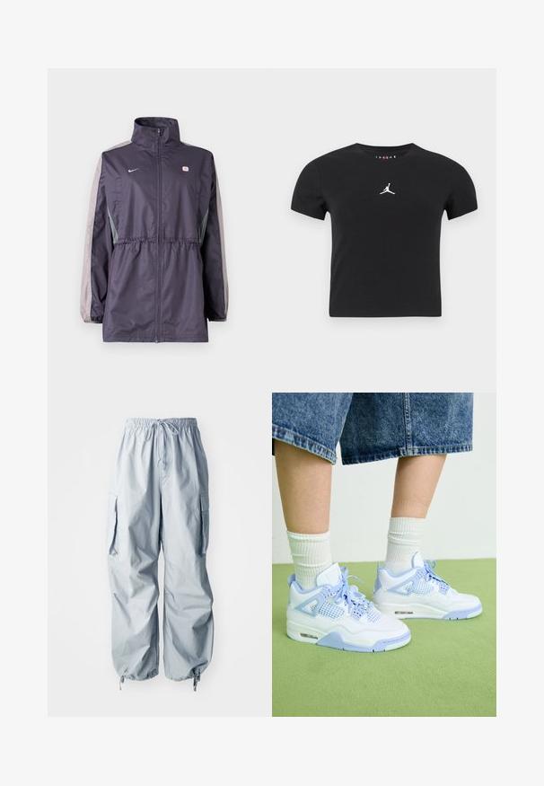 Paars windjack met grijze accenten, hoge kraag, elastische tailleband en lange mouwen. Voorzien van een klein logo op de borst.; Zwarte kortebragens T-shirt met korte mouwen en wit Jumpman-logo gecentreerd op de borst tegen een effen achtergrond.; Lichtblauwe cargobroek met een elastische tailleband, trekkoord, twee zijzakken en taps toelopende boorden met verstelbare toggles.; Witte en lichtblauwe sneakers met gaasaccenten, een ronde neus, veters en een luchtkusseneenheid, gecombineerd met witte geribde sokken en denim short.