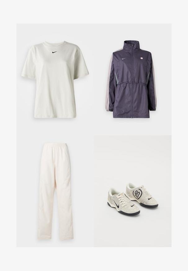 Chaqueta cortavientos púrpura con detalles grises, cuello alto, cintura elástica y mangas largas. Cuenta con un pequeño logotipo en el pecho.; Camiseta de algodón blanca con cuello redondo y mangas cortas. Presenta un pequeño logotipo negro de Nike en el pecho. Diseño sencillo y sin adornos.; Pantalones de color crema con cintura elástica y corte de pierna recta, de ajuste suelto, exhibidos sobre un fondo blanco liso.; Zapatillas Nike con un upper texturizado en beige y gris, acentos negros, un gran logo de "90" y un cierre de cordones blancos. Suela negra.