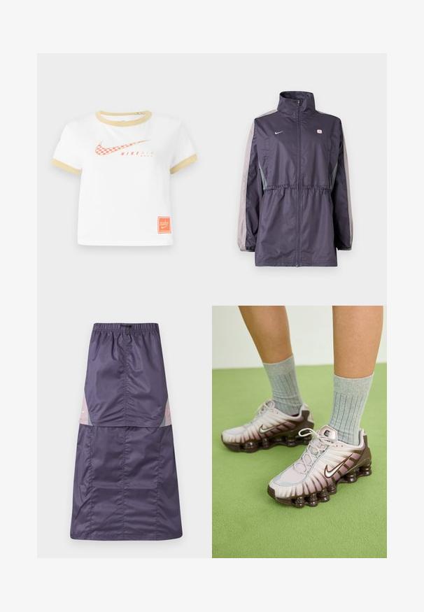 Lilla tuulejope hallide detailidega, kõrge krae, elastne vöökoht ja pikad varrukad. Rinnal väike logo.; Valge T-särk kuldsete äärtega, millel on punane ruuduline Nike swooshi logo, teks "NIKE AIR" ning väike oranž Nike silt alläärs.; Lilla nailonist seelik, millel on elastne vöökoht, roosa ja rohelise värviplokkidega paneelid ning väike valge logo ülaosas.; Nike tossud heledas roosas ja pruunides toonides, millel on tekstureeritud pealmine osa, kihiline disain ja pehmendatud tallaosa nähtavate õhuühikutega.