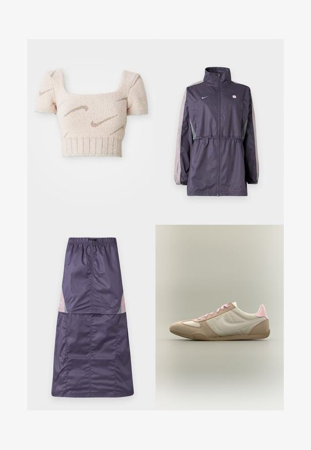 Lilla vindjakke med grå accenter, høj krave, elastisk talje og lange ærmer. Har et lille logo på brystet.; Kortærmet cropped top i blød, tekstureret stof. Lys pink farve med brune, bølgete mønstre. Fyrkantet udskæring og ribbet kant.; Lilla nylon nederdel med elastisk talje, der har farveblokpaneler i pink og grøn samt en lille hvid logo på den øverste del.; Lavprofileret beige og hvid sneaker med lyserøde snørebånd og hælaccent, som viser Nike-swoosh på siden mod en ensfarvet baggrund.