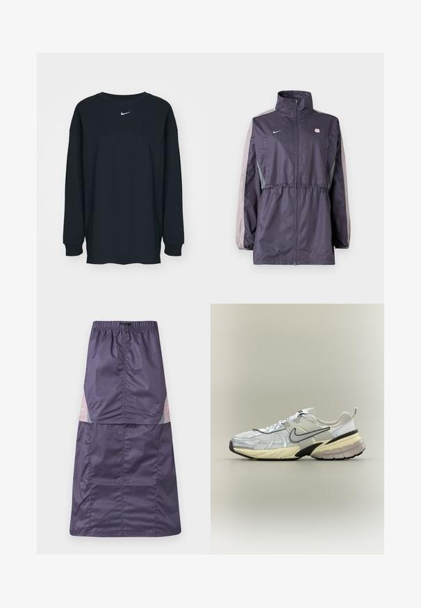 Lilla vindjakke med grå accenter, høj krave, elastisk talje og lange ærmer. Har et lille logo på brystet.; Sort langærmet T-shirt lavet af bomuld med rund hals. Har et hvidt Nike-logo på brystet. Blød tekstur, enkelt design.; Lilla nylon nederdel med elastisk talje, der har farveblokpaneler i pink og grøn samt en lille hvid logo på den øverste del.; Hvid og grå Nike-sneaker med mesh-overdel, sort swoosh, beige mellemsål og sort ydersål på en lys baggrund.