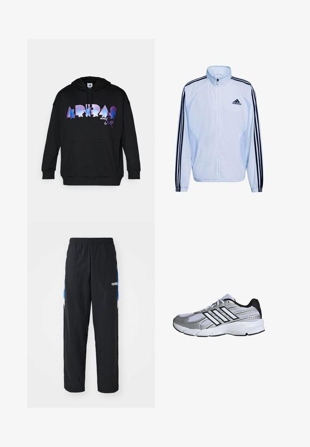 Biela športová bunda s tmavomodrým dizajnom troch pruhov na rukávoch, vysokým golierom, zapínaním na zips a ľahkým materiálom. S logom Adidas.; Čierna mikina s kapucňou so širokým, farebným gradientom loga "ADIDAS" dizajnovaným Jeremy Scottom, klokanie vrecko a kapucňa na šnúrku.; Čierne športové nohavice s elastickým pásom, s modro-bielymi grafickými akcentmi po stranách a vyšitým logom.; Mriežkovaná športová obuv v bielej a striebornej farbe, s čiernymi detailmi, logom troch bielych pruhov, polstrovaným golierom a textúrovanou gumovou podrážkou.
