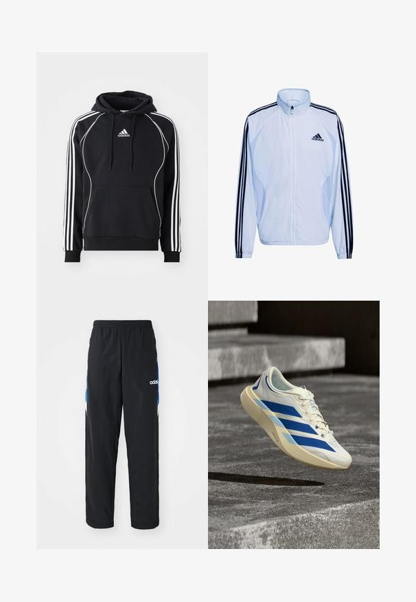 Valge sportjope tumesinise kolme triibu disainiga varrukatel, kõrge krae, lukk-kinnitus ja kerge materjal. Omab Adidas logo.; Musthave musta Adidas kapuutsiga, millel on valged triibud varrukatel, valge ääris ees, eesmine tasku ja reguleeritav kapuuts.; Mustad must ikksad mustad treeningpüksid, millel on elastne vöökoht, külgedel sinised ja valged graafilised detailid ning tikitud logo.; Valge ja sinine Adidas jooksujalanõu ripub betoonist astme kohal, millel on tekstuurse kareda pinnaga taust.