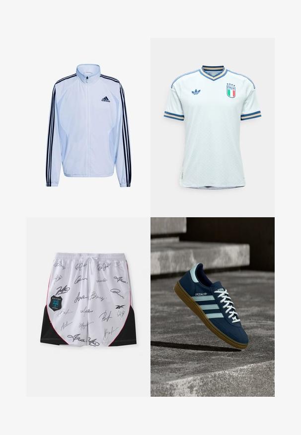 Chaqueta deportiva blanca con diseño de tres rayas en azul marino en las mangas, cuello alto, cierre de cremallera y material ligero. Incluye el logo de Adidas.; Camiseta blanca de fútbol de Italia con ribetes azules y dorados, logo de Adidas en el pecho izquierdo y escudo del equipo de Italia con cuatro estrellas en el pecho derecho.; Pantalones cortos blancos con acentos negros y ribete rojo, con múltiples firmas en negro. Incluye un logo de Botter Antwerp en el lado izquierdo.; Zapatilla azul Adidas Spezial con rayas y cordones blancos, suela de goma, flotando sobre una superficie de hormigón rugosa y escaleras de fondo.