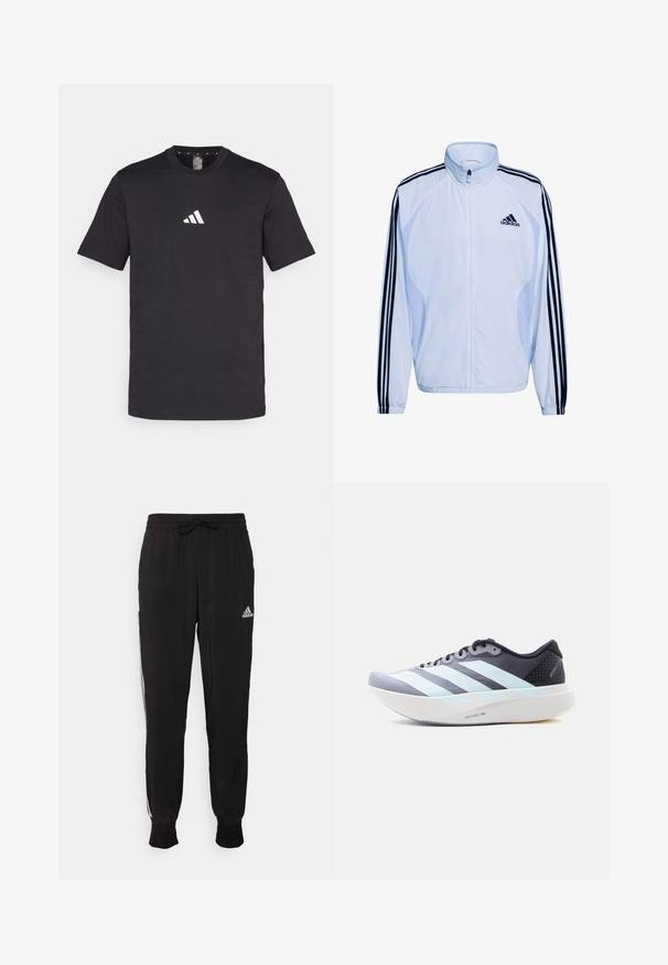 Biela športová bunda s tmavomodrým dizajnom troch pruhov na rukávoch, vysokým golierom, zapínaním na zips a ľahkým materiálom. S logom Adidas.; Čierne bavlnené tričko s krátkymi rukávmi, s bielym logom Adidas na hrudi. Klasický dizajn s okrúhlym výstrihom.; Čierne športové nohavice z mäkkej tkaniny, s pásom na šnúrku a bielymi bočnými pruhmi. Elastické manžety pri členkoch.; Ľahká čierno-sivá bežecká obuv s bielou podrážkou, tromi svetlomodrými pruhmi a tlmením Lightstrike Pro, bočný pohľad.