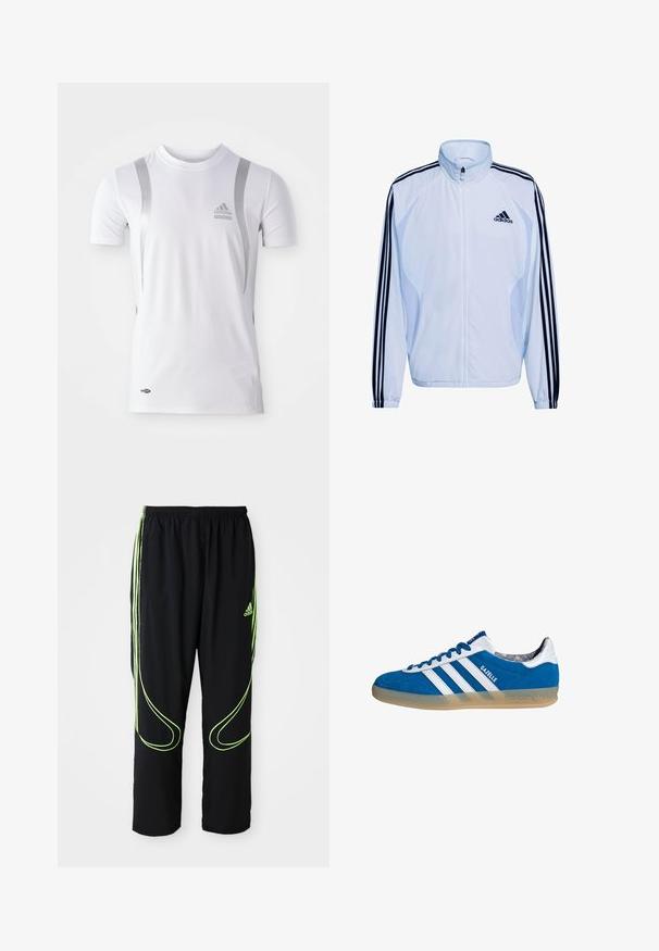 Chaqueta deportiva blanca con diseño de tres rayas en azul marino en las mangas, cuello alto, cierre de cremallera y material ligero. Incluye el logo de Adidas.; Camiseta atlética blanca de manga corta con detalles plateados, presenta un cuello redondo y un logo de Adidas en el pecho. Fabricada con tela que absorbe la humedad.; Pantalones deportivos Adidas negros con líneas curvas en verde neón y tres franjas en los laterales, cinturilla elástica y logo de Adidas en el muslo delantero.; Zapatilla Adidas Gazelle azul y blanca con suela de goma y tres franjas blancas, vista desde un lado sobre un fondo blanco.