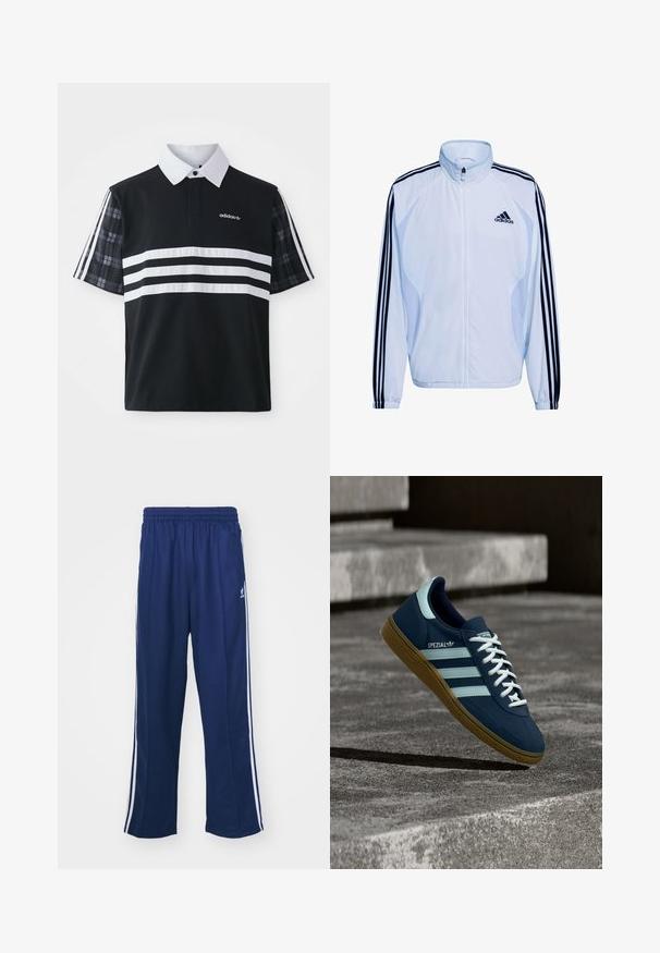 Biela športová bunda s tmavomodrým dizajnom troch pruhov na rukávoch, vysokým golierom, zapínaním na zips a ľahkým materiálom. S logom Adidas.; Čierna polo košeľa s bielymi prúžkami a logom; má krátke kárované rukávy a biely golier s gombíkovou légou.; Námornícke modré športové nohavice s voľným strihom, s bielymi bočnými pruhmi a elastickým pásom. Hladká tkanina, žiadne viditeľné vzory ani kovanie.; Modré tenisky Adidas Spezial s bielymi pruhmi a šnúrkami, gumovou podrážkou, plávajúce nad drsným betónovým povrchom a schodmi v pozadí.