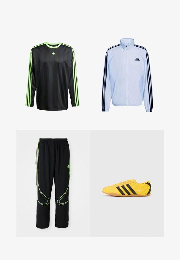 Valge sportjope tumesinise kolme triibu disainiga varrukatel, kõrge krae, lukk-kinnitus ja kerge materjal. Omab Adidas logo.; adidas Originals JACQ - Pikkade varrukatega topp - black signal green; Mustad mustad Adidas spordipüksid, millel on neoonrohelised kumerad jooned ja kolm triipu külgedel, elastne vöökoht ja Adidas logo ees reie peal.; Kollane sportlik jalanõu tekstuurse pealiskihiga, millel on mustad triibud ja logo. Ümar nina, pehme tallaosa ning materjalil siksakmuster.