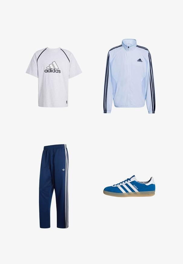 Witte atletische jas met marineblauwe drie-strepen ontwerp op de mouwen, hoge kraag, ritssluiting en lichtgewicht materiaal. Voorzien van Adidas-logo.; Grijze katoenen t-shirt met ronde hals, korte mouwen en contrasterende zwarte accenten langs de naden. Heeft een opvallend zwart Adidas-logo.; Donkerblauwe Adidas trainingsbroek met elastische tailleband, witte drie strepen langs de zijkanten en klein trefoil-logo op de bovenkant van het dijbeen.; Blauw-witte Adidas Gazelle sneaker met een gumzool en drie witte strepen, gezien vanaf de zijkant op een witte achtergrond.