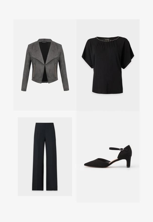 Donkergrijze suède jas met open voorkant, brede revers, lange mouwen en twee verticale ritssluitingen.; Zwarte korte mouwen blouse met zilveren kralen details langs de ronde halslijn en een losse pasvorm.; Zwarte wijde broek met hoge taille en vouw aan de voorkant, plat weergegeven op een effen witte achtergrond. Geen zichtbare zakken of sluitingen.; Zwarte suède pump met een spitse neus, enkelbandje met een ronde gesp en een lage blokhak. Glad textuur en minimalistisch ontwerp.