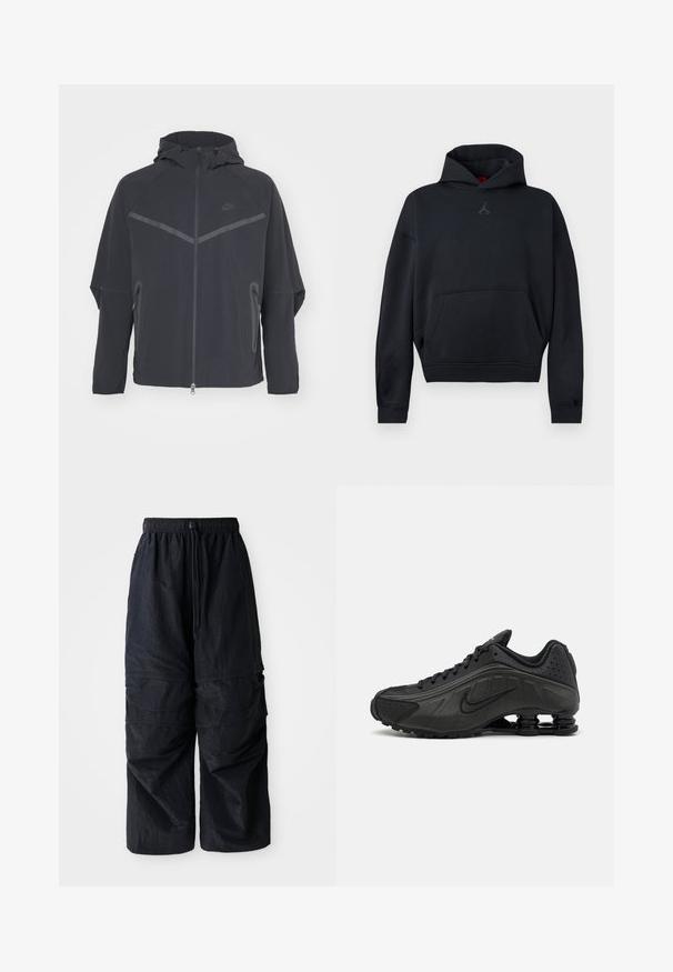 Musta Nike jakk, millel on tõmblukk, kapuuts ja nurksed õmblused. Omab peegeldavaid detaile ja külgpaneelide tõmblukke. Valmistatud kergest kangast.; Must kapuutsiga dressipluus esiküljel kängurutasku ja väikese Jumpmani logoga rinnal, esitatud lihtsal taustal.; Mustad must have elastse pahklpüksid reguleeritava paelaga ja mitme kihilise taskuga jalgadel.; Mustad mustat jooksujalad, millel on sile sünteetiline ülemus, perforatsioonid, tekstureeritud külgpaneelid ja eristuv elastne tall.