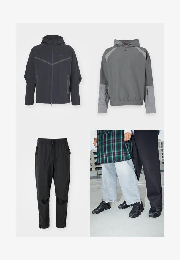 Musta Nike jakk, millel on tõmblukk, kapuuts ja nurksed õmblused. Omab peegeldavaid detaile ja külgpaneelide tõmblukke. Valmistatud kergest kangast.; Hall halliga kapuutsiga dressipluus halli tekstuurse kere, raglaanvarrukatega, esitasku ja külgedel luku detailiga. Rinnal on must logo.; Mustad mustad püksid elastse vöökoha, tõmbluku küljetaskute, artikeeritud põlvede ja pahkluude tõmblukkudega.; Mustad mustad jalanõud, millel on võrkkangast ja kummist aktsendid. Kannab heledat halli laiade jalgadega teksapükse ja ruudulist rohelisest topi. Lame pind taust.