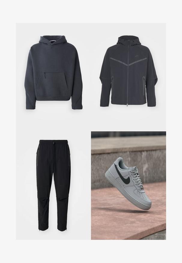 Musta Nike jakk, millel on tõmblukk, kapuuts ja nurksed õmblused. Omab peegeldavaid detaile ja külgpaneelide tõmblukke. Valmistatud kergest kangast.; Tumehall kardigan pehmeast materjalist, millel on esikäe tasku lukuga, soonikkoes varrukad ja väike logo rinnal.; Mustad musta värvi, kergest materjalist väljakäimise püksid elastse vöökoha ja reguleeritava tõmblukuotsaga. Omavad lukuga taskuid ja kitsenevaid varrukaid.; Hall Nike Air Force 1 tossud musta Swoosh logoga, valge tallaga ja paeltega, õhus betoonpinna kohal.
